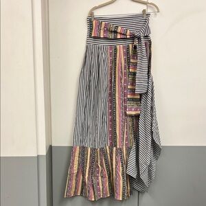 Striped Multi-Pattern Maxi Skirt with Waist Tie Stripes Patchwork Festival Boho